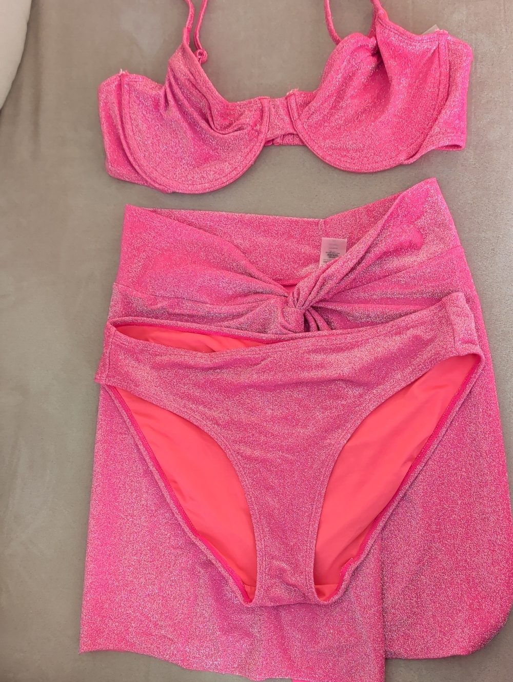 Good American Glitter Sparkle Barbie Pink Bikini Set With Skirt Cover Up 3/4